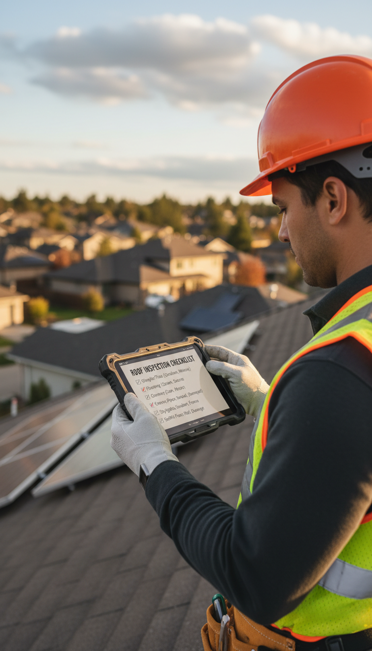 A simple checklist prevents expensive solar buying mistakes. Person reviewing a digital home inspection checklist on a tablet during planning