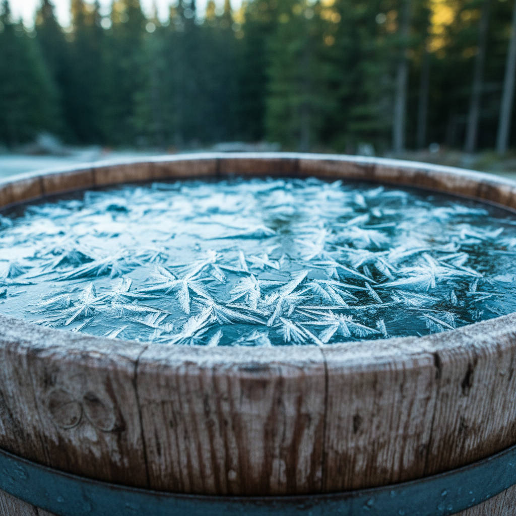 Ice baths are a core component of building physical and mental resilience during the Survival Reset. Frosty ice crystals on the surface of a wooden ice bath barrel in a forest setting.