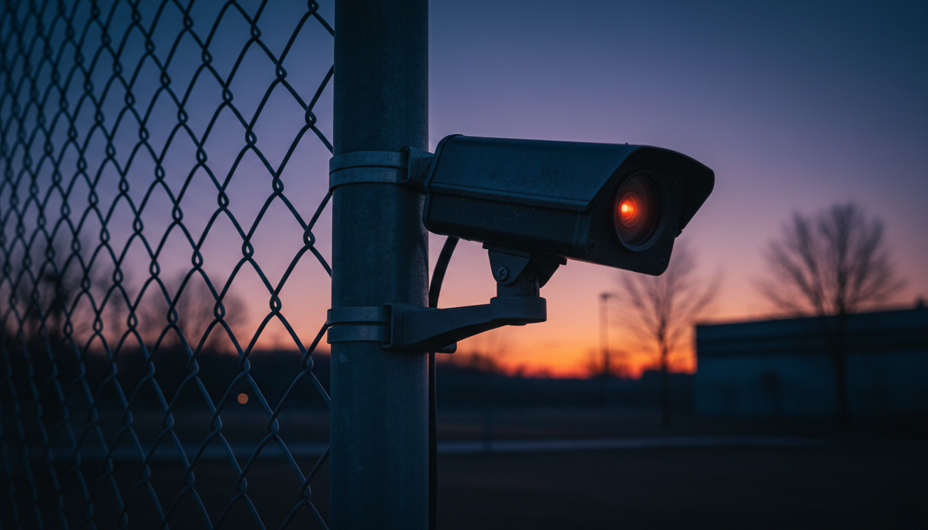 Just as thermal cameras see what the naked eye misses, Zero Trust monitors every network layer. A thermal security camera mounted on a fence at dusk with a purple and orange sky.