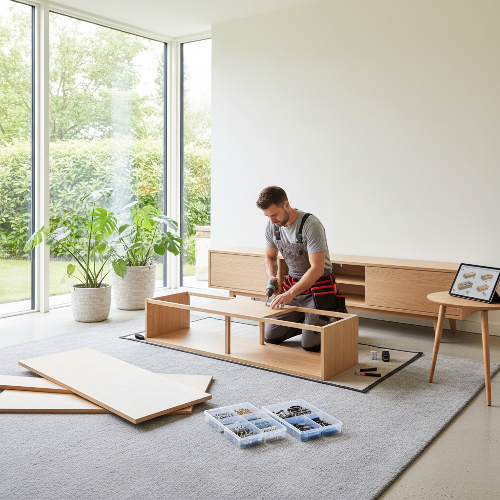 Professional furniture assembly ensures your new pieces are sturdy and safe for daily use. A handyman assembling modern furniture in a bright room with natural light