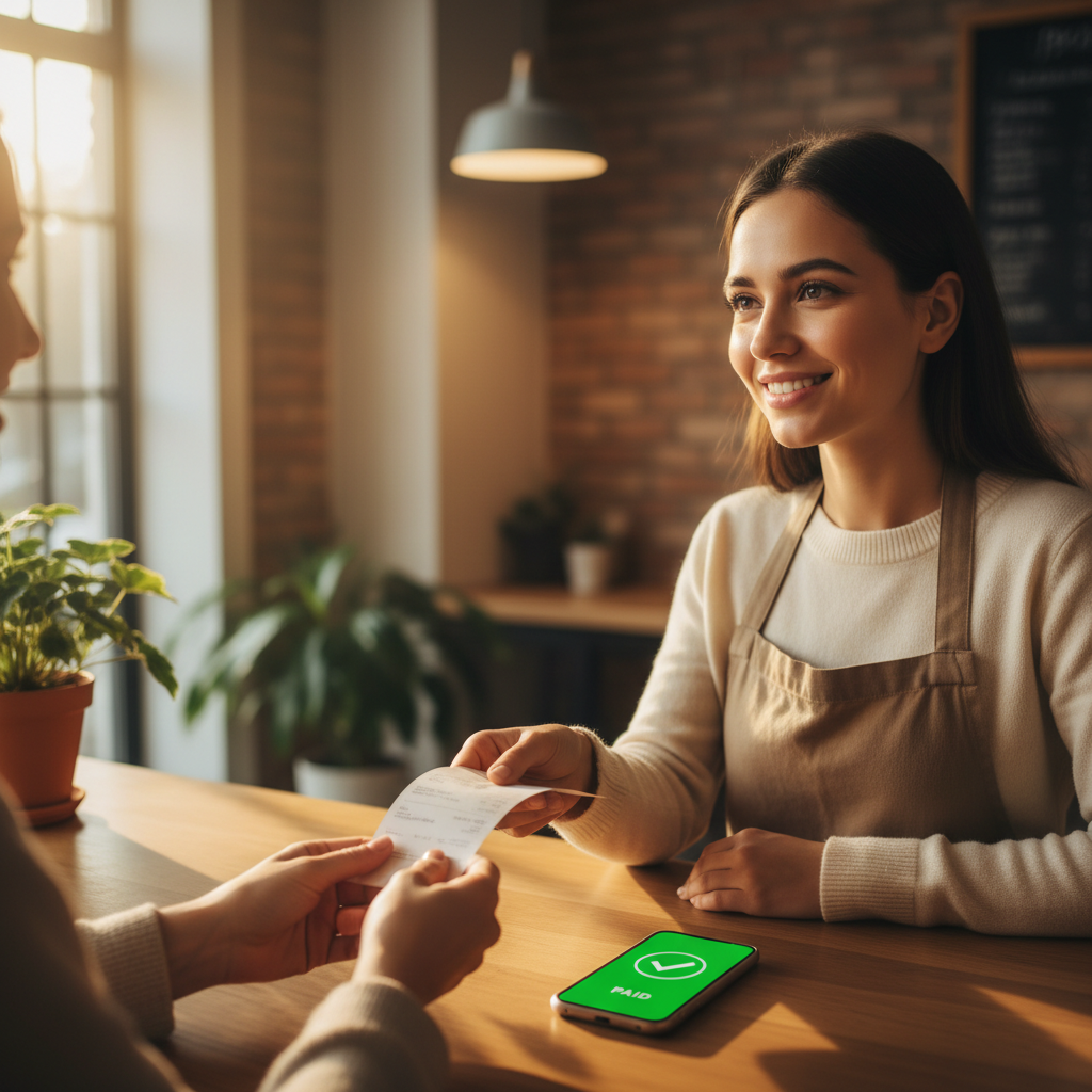 RONET bridges the gap between physical daily transactions and digital reward ownership. A small business owner smiling while handing a receipt to a customer in a sunny cafe with a smartphone nearby.