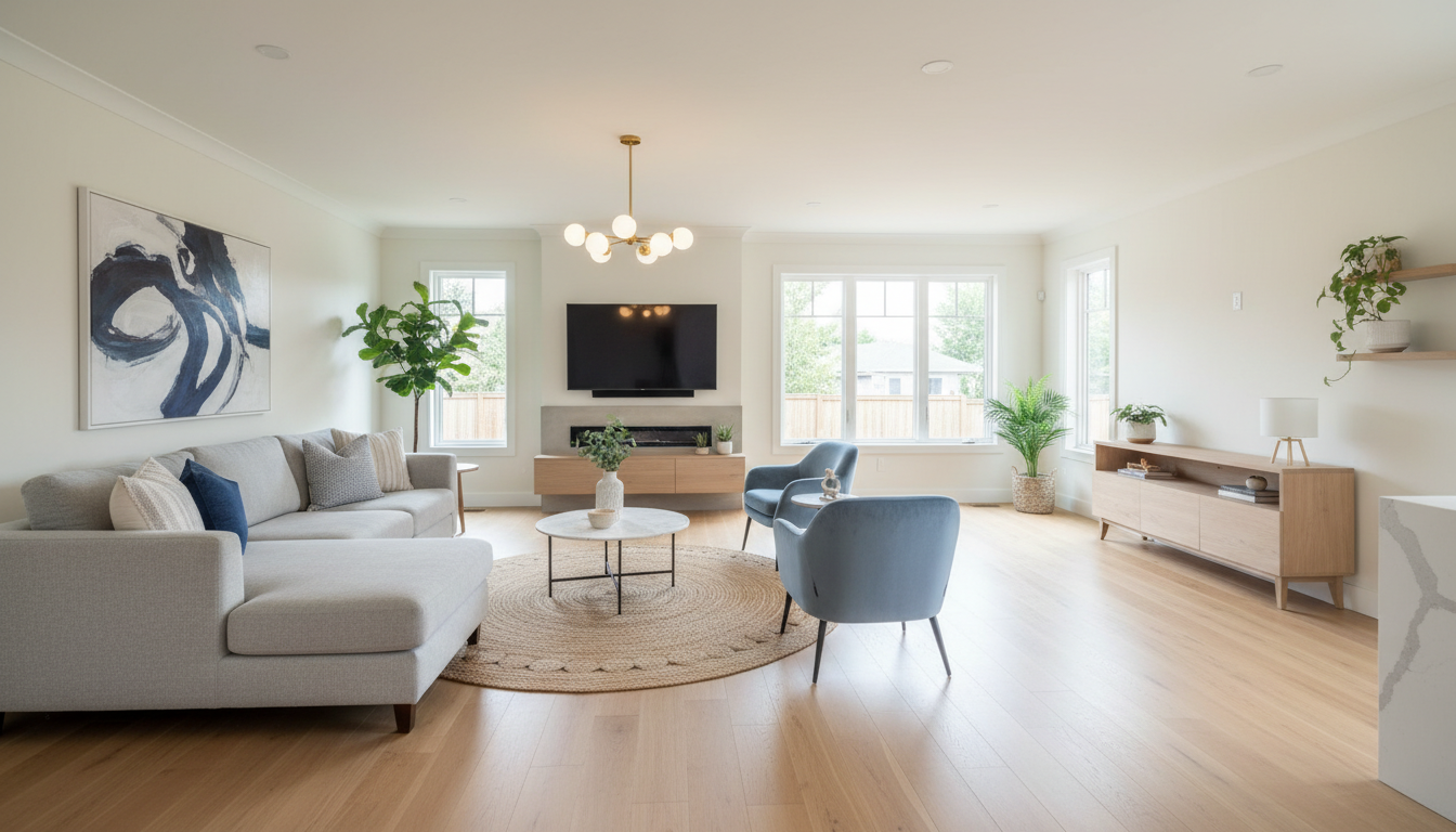 The broken floor plan uses subtle zoning to create cozy yet open living spaces. A bright living room transformation showing a whole-home interior renovation with new flooring and defined zones.