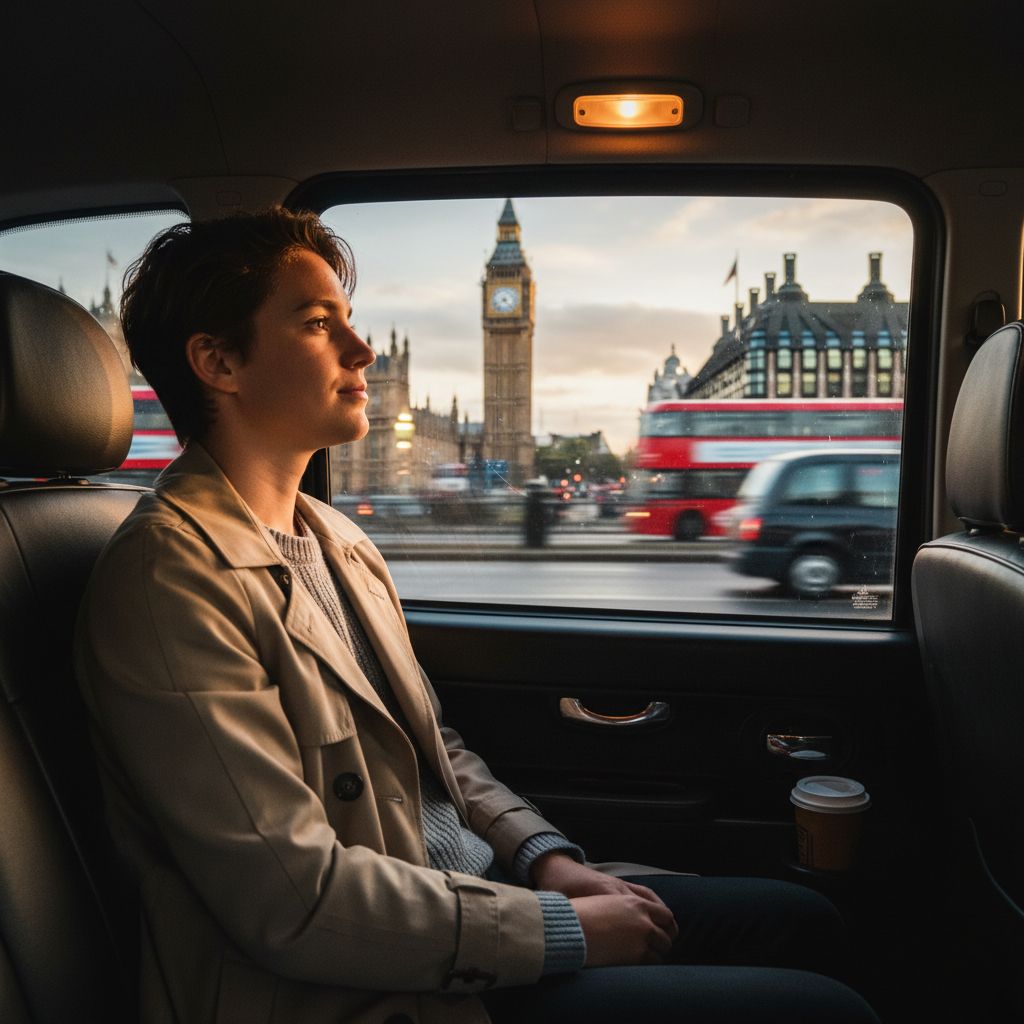 Watching the vibrant life of Brick Lane unfold from the comfort of a black cab. A passenger looking out of a black cab window at the passing streets of London.