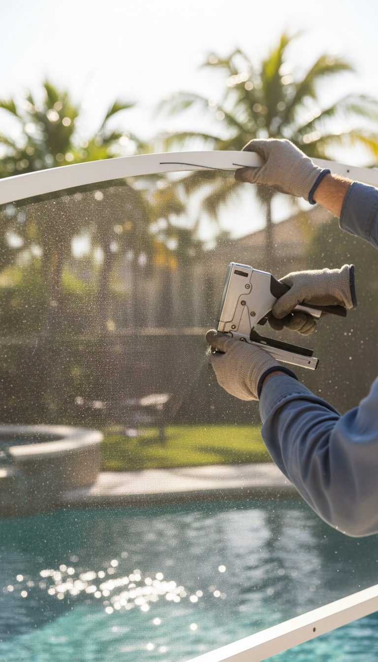 Professional rescreening ensures your enclosure can withstand high wind pressures. A technician stretching new screen mesh tight over an aluminum frame using a spline tool.