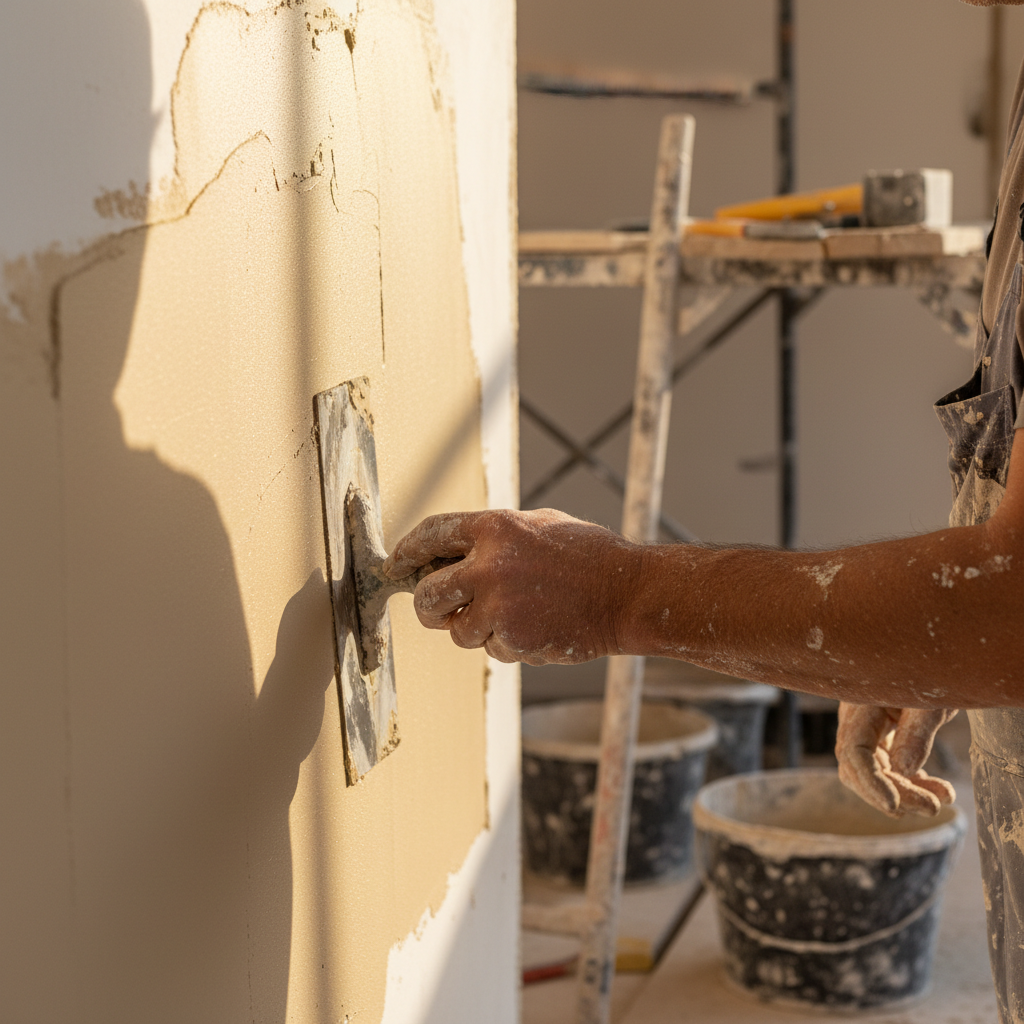 Hand-applied lime plaster offers flexibility and moisture control that modern cement cannot match. A plasterer using a trowel to apply traditional lime plaster to an interior wall in a rustic Norfolk home.