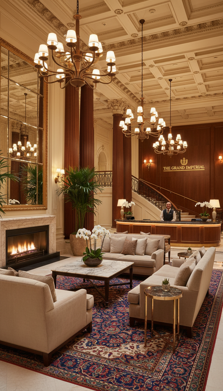 Immersive visuals allow potential guests to mentally occupy the space before they book. Luxury hotel interior with warm, ambient lighting and elegant furnishings showing a sophisticated cinematic atmosphere.