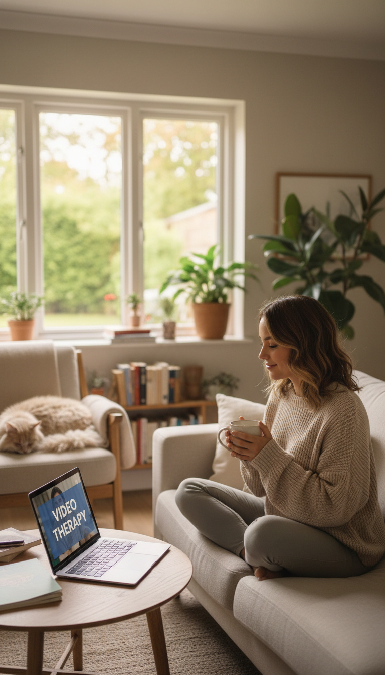 Quality therapy is now accessible wherever you are on the Costa Blanca and beyond. Person on a laptop in a relaxed and peaceful home environment engaged in an online therapy session