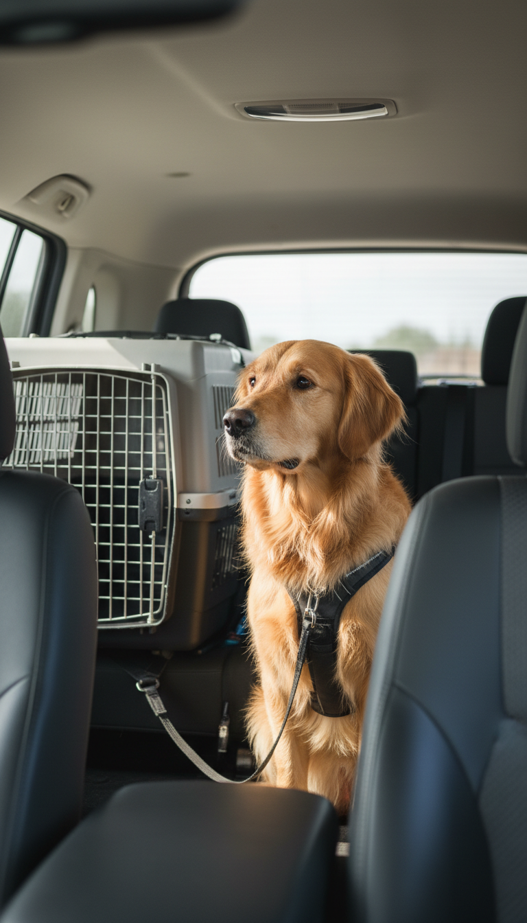 Calm dog in a pet travel crate