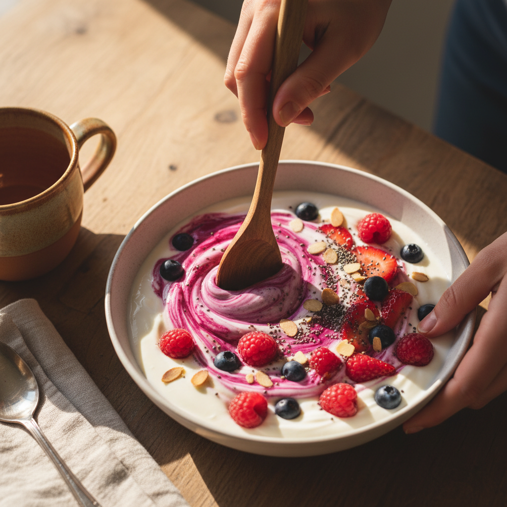 Don't just drink your greens: try mixing them into yogurt or smoothies for variety. Hands mixing a green superfood blend into a bowl of yogurt with fresh red berries.