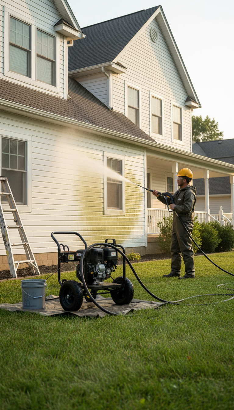 Professional-grade equipment allows precise PSI control that consumer units simply cannot match. Professional pressure washing technician operating equipment on a residential home exterior