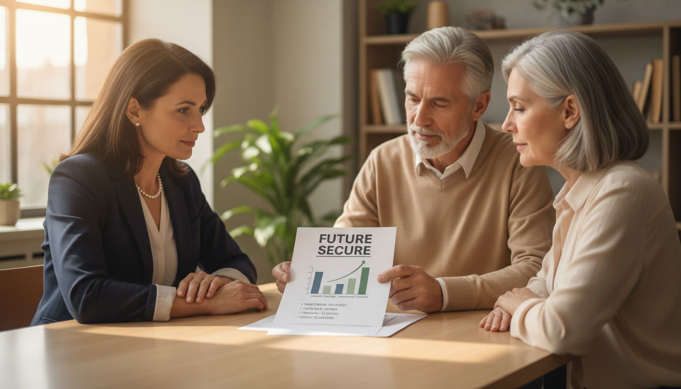 Working with a professional can help Gilbert residents navigate complex tax-efficient legacy strategies. A financial advisor in a professional setting explaining a retirement income chart to a couple in their 60s.