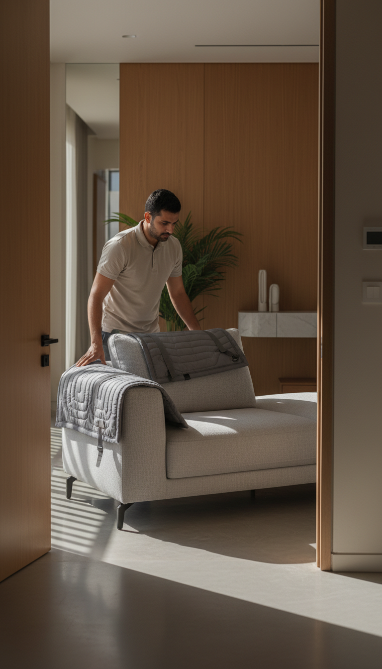 Professional buyers handle the heavy lifting, making the selling process much faster. A professional furniture mover carefully guiding a modern sofa through a doorway in a Doha home.