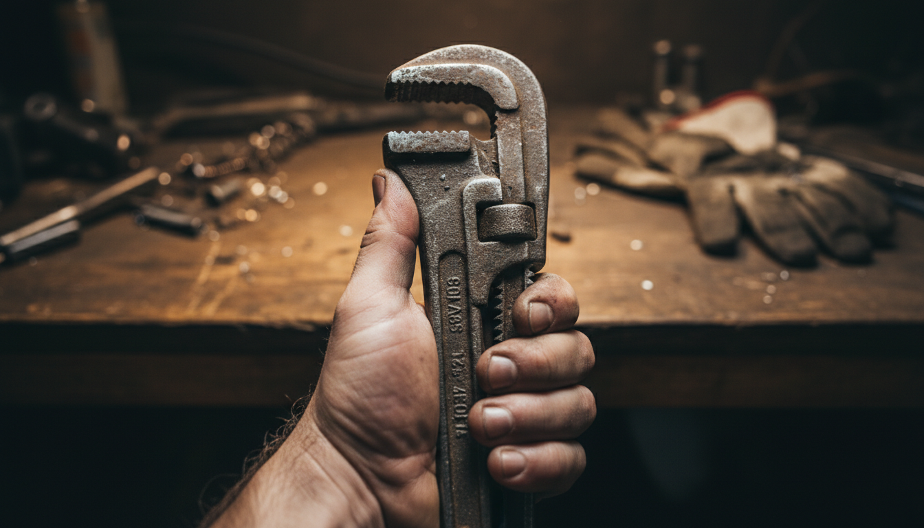 Close-up of a contractor's hand gripping a heavy-duty wrench in a workshop