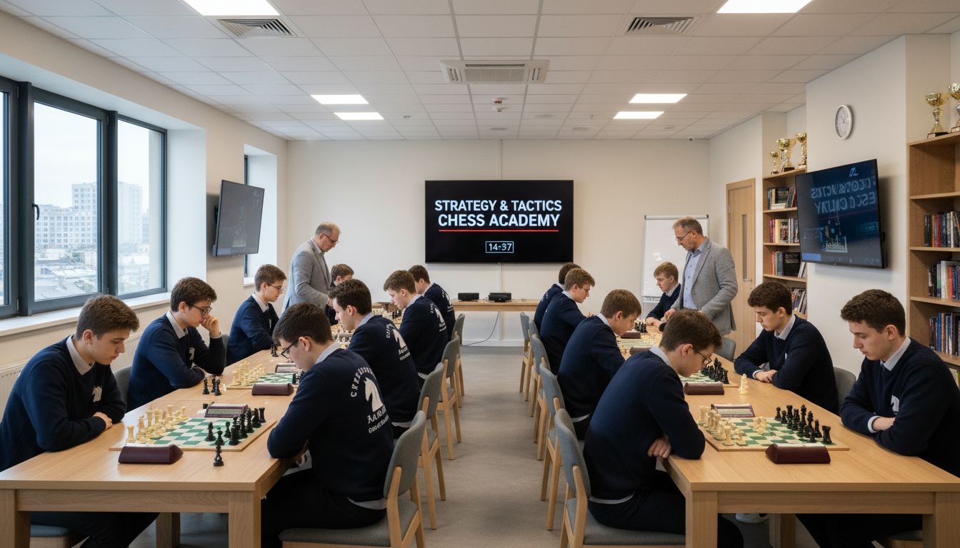 Professional academies provide the structured environment necessary for meaningful progression. Interior of a modern professional chess club with students and teachers in a classroom setting.