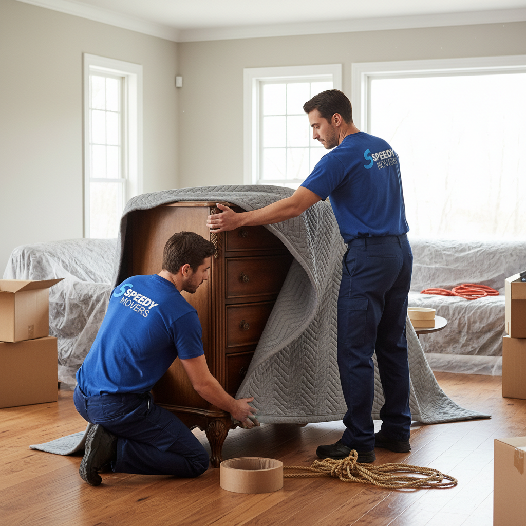 Proper furniture protection is one detail many homeowners forget to confirm with their movers. Professional movers carefully wrapping furniture in moving blankets inside a residential home to prevent damage