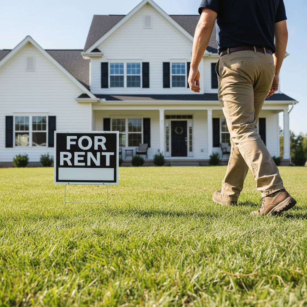 Physical property inspections provide the critical context that raw data often misses. A property inspector walking toward a residential home with a for rent sign to perform a site visit.