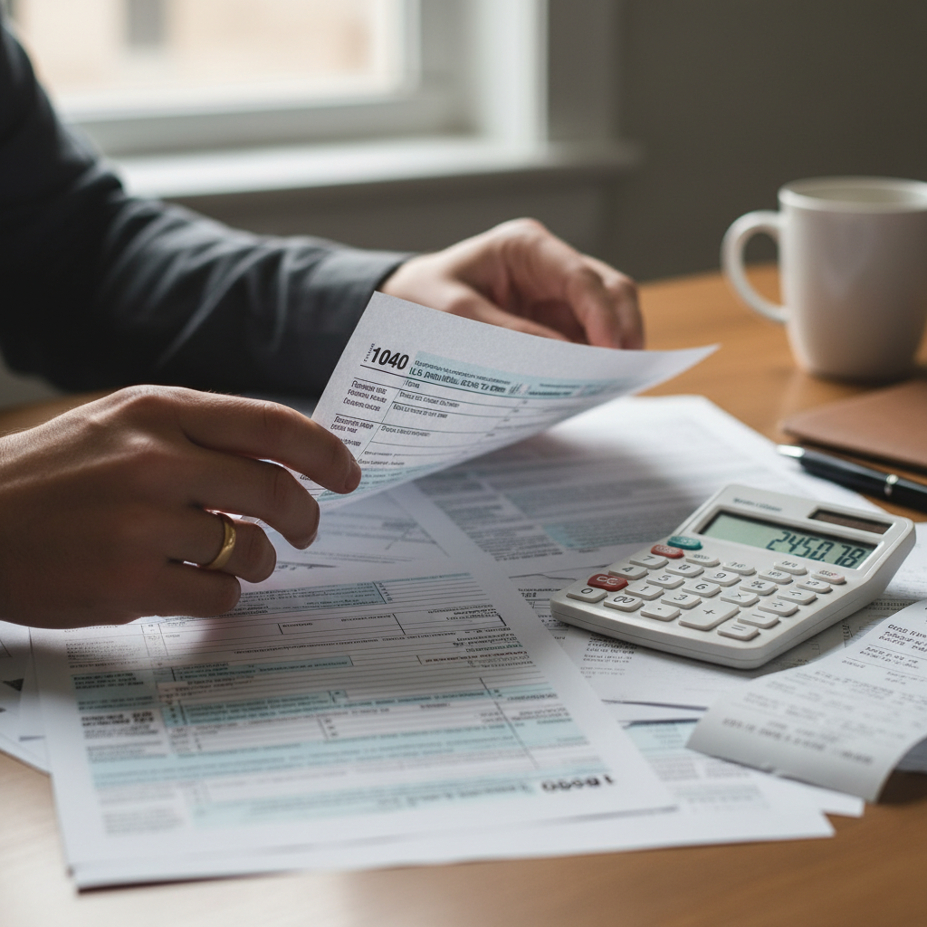 Calculating your net proceeds requires looking beyond the listing price to the actual closing costs. A homeowner reviewing tax documents and a calculator under natural light to estimate property sale proceeds.