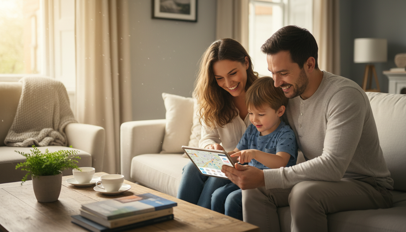 Planning long term residency provides stability for the whole family. A family in a bright living room planning their future in Spain together