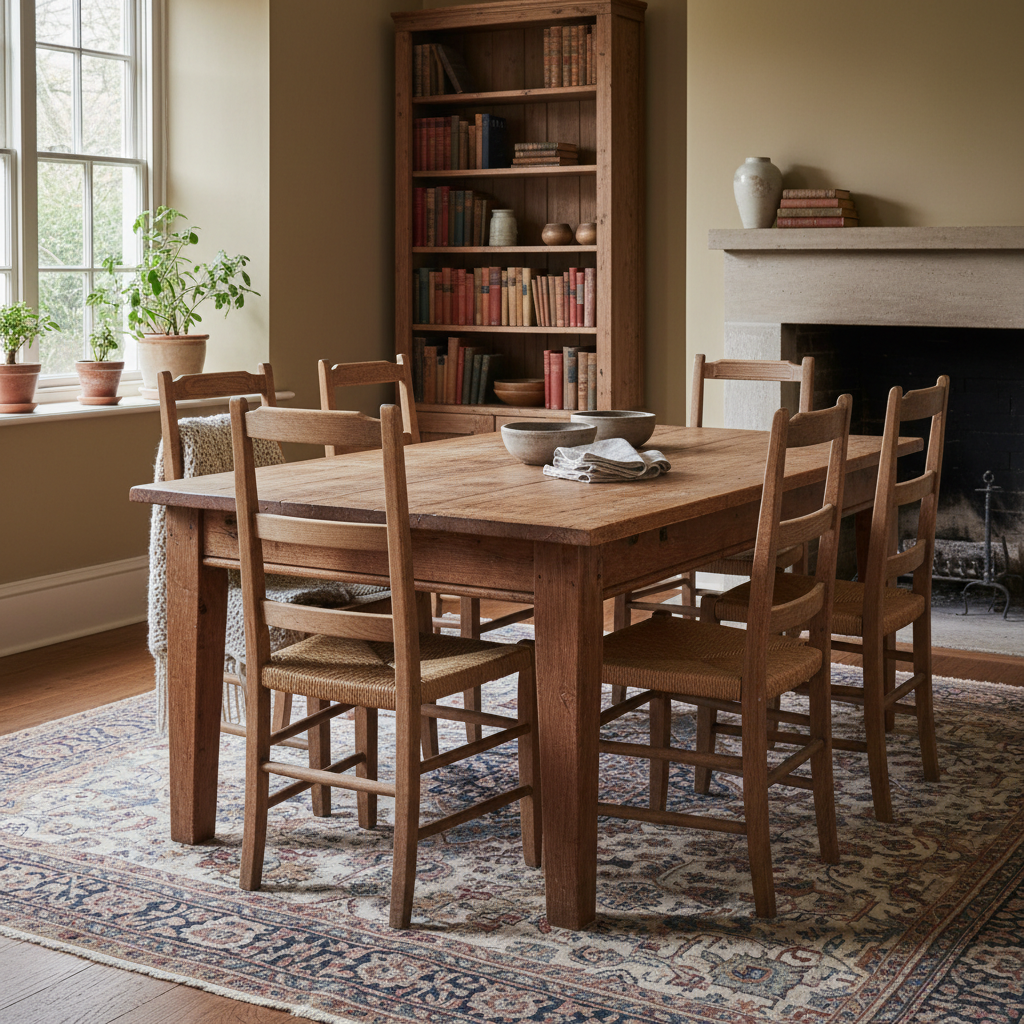 Organizing your items by room helps our team provide a faster and more accurate bulk quote. A sturdy wooden dining table and chairs set arranged neatly for a professional buyer inspection.