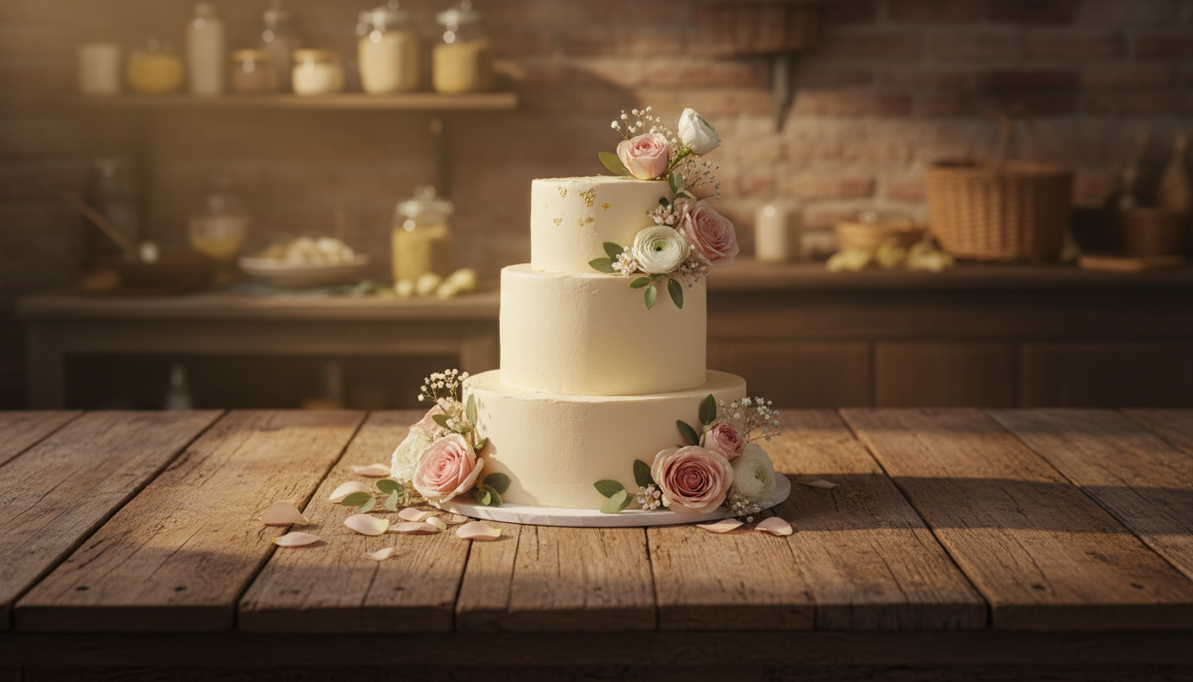 Customized designs allow you to match your Diwali decor with sophisticated floral accents. An elegant eggless celebration cake decorated with fresh flowers sitting on a rustic wooden table.