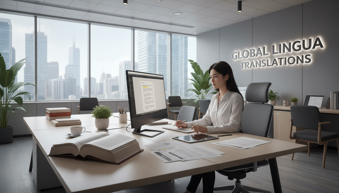La traducción jurada al árabe es un requisito frecuente para documentos personales y societarios en Omán. Traductora profesional trabajando en una traducción jurada al árabe con diccionarios y sellos oficiales.