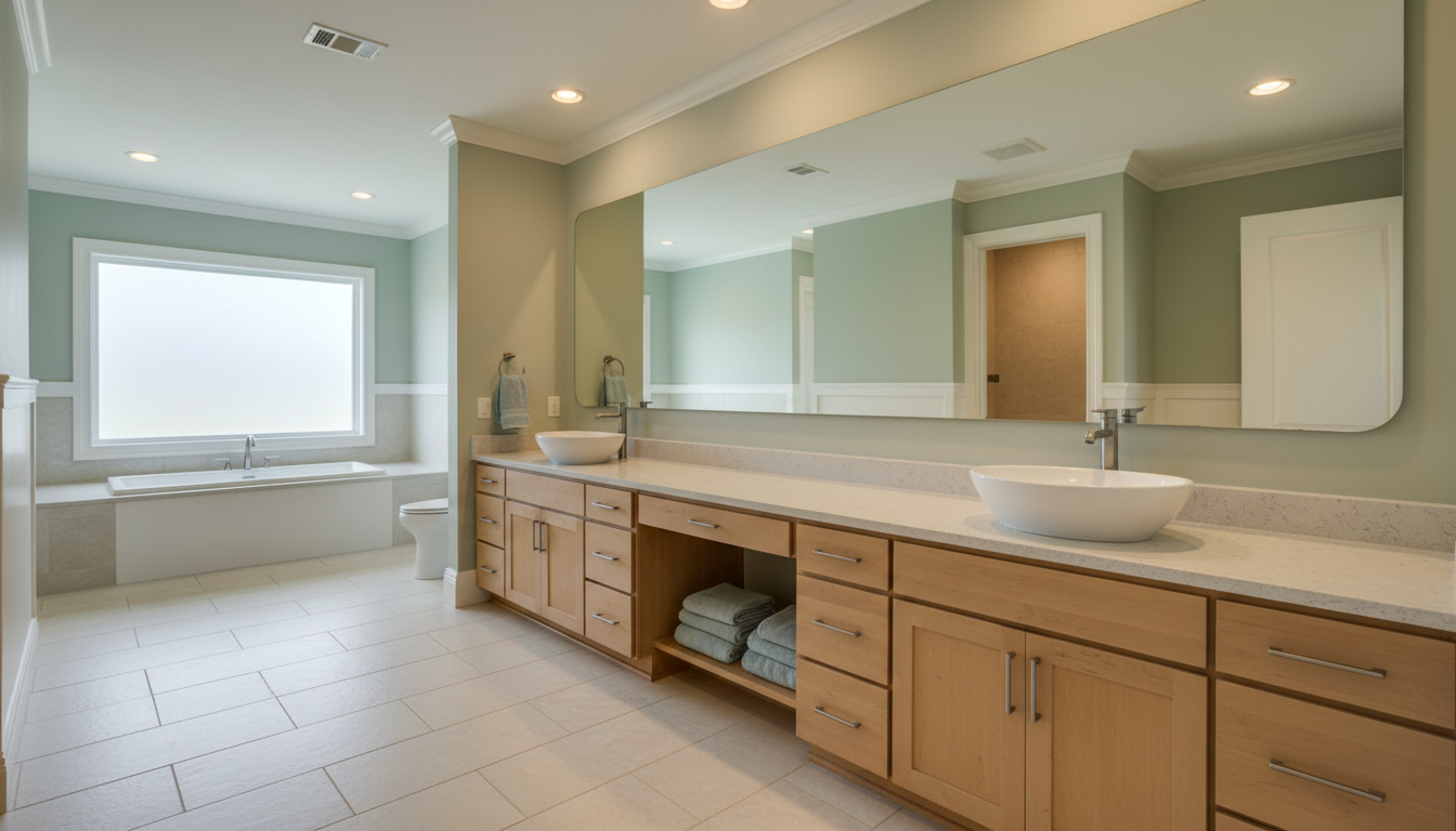 Matching your remodel investment to your home's value protects long-term ROI. Master bathroom with dual vanity sinks, large mirror, ceramic tile flooring, and recessed lighting