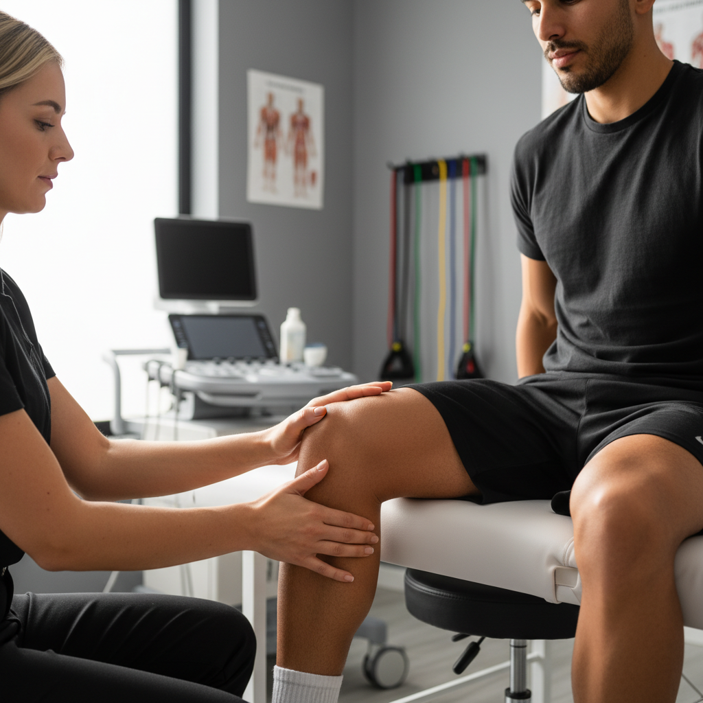 Manual knee assessment reveals how joint load accumulates differently based on body weight and movement patterns. Physiotherapist performing a manual knee assessment on a seated male football player in a clinical setting