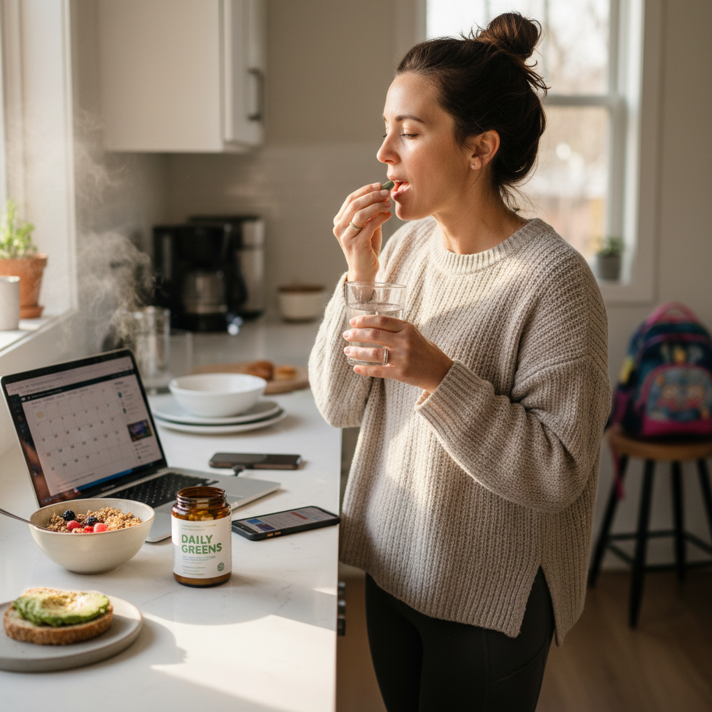 Keep your wellness routine simple by integrating supplements into your existing morning habits. A woman taking a daily supplement at her kitchen counter during a busy morning routine.
