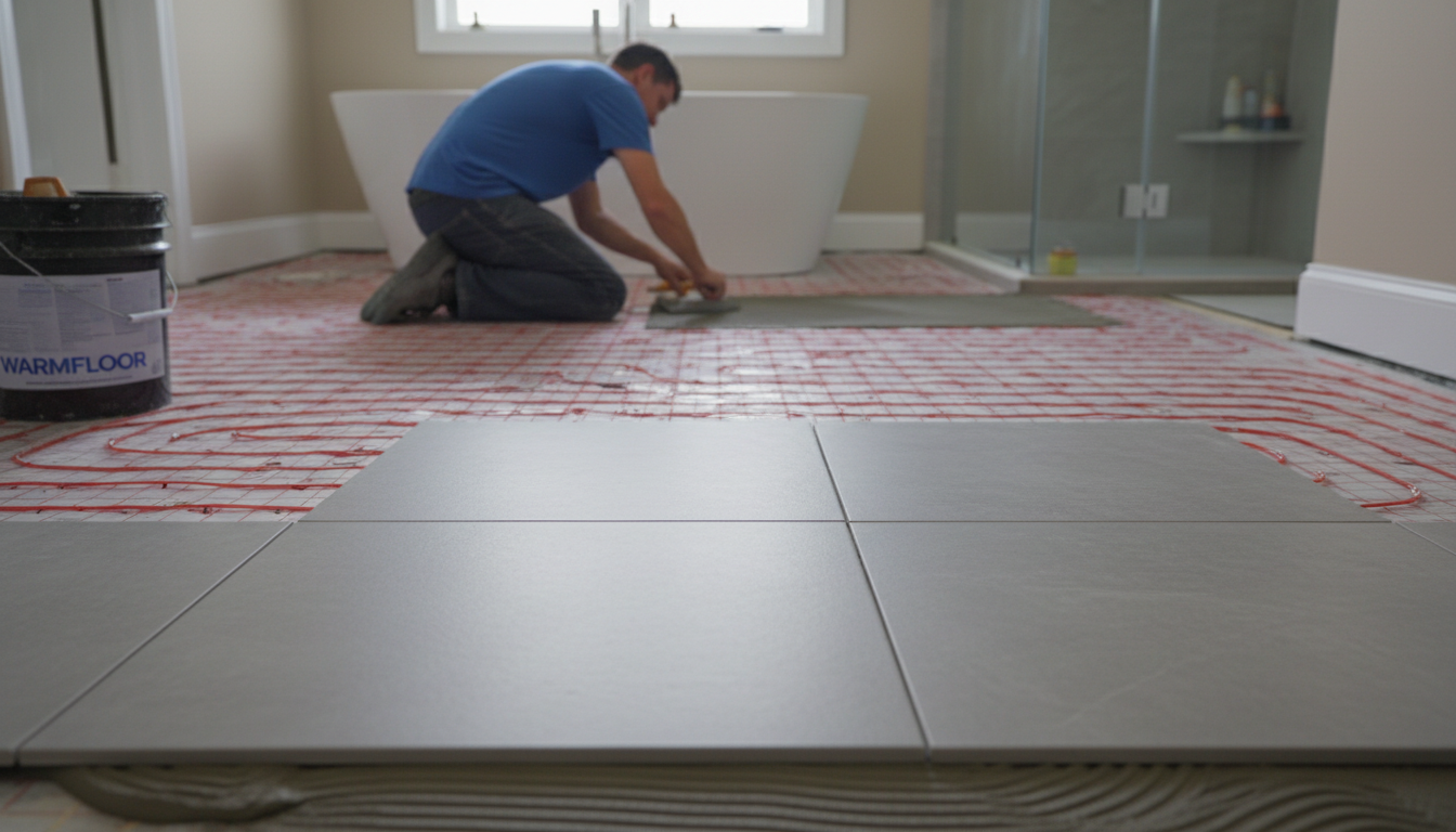 Radiant heated floors are a top-tier luxury upgrade that adds significant comfort and value. A professional installation of a radiant heated flooring system underneath large format bathroom tiles.