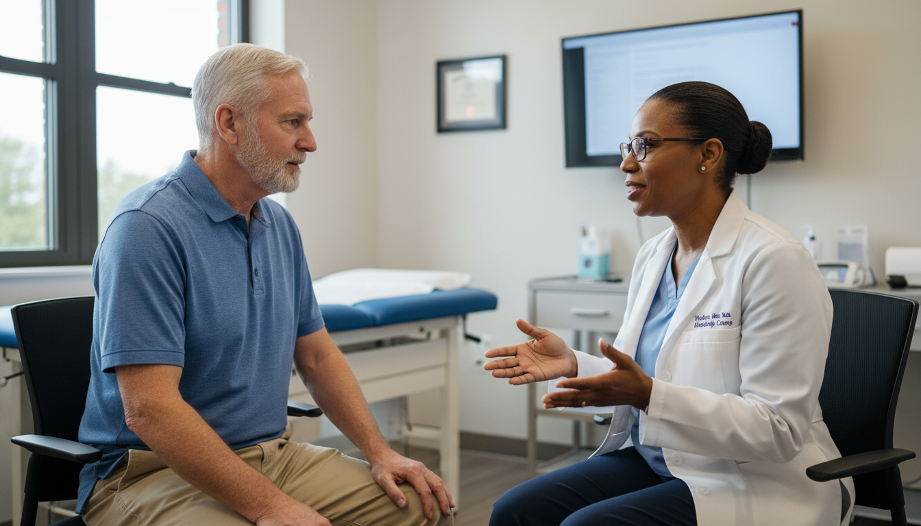 Local Erie agents can help you coordinate Medicare with your existing VA coverage. A senior woman consults with a local Medicare agent about coordinating her VA benefits with a private plan.