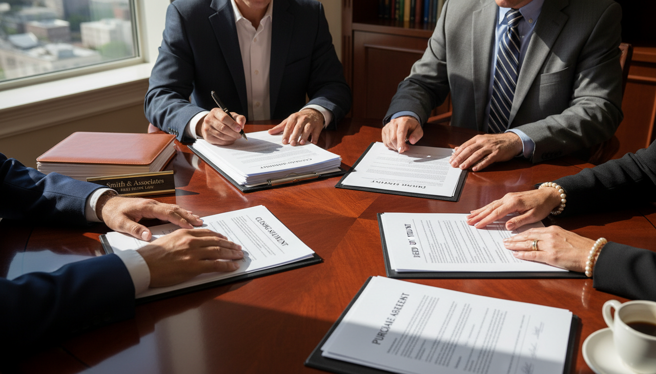 Professional closing services ensure that all liens are legally satisfied from the sale proceeds. Two people signing closing documents for a New Jersey real estate transaction at a wooden table.