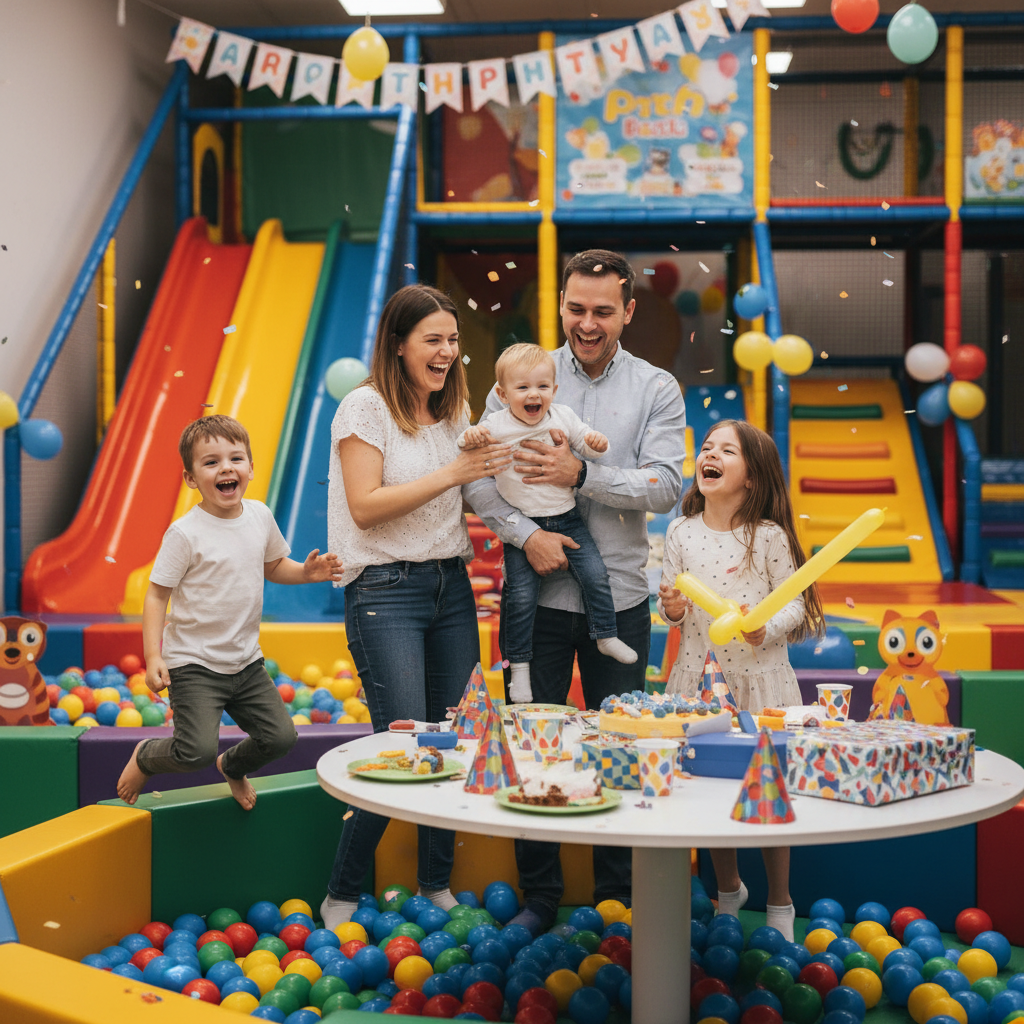 Give the gift of memories and quality time with an indoor playground pass. A family with young children laughing together at an indoor play center in Orlando.