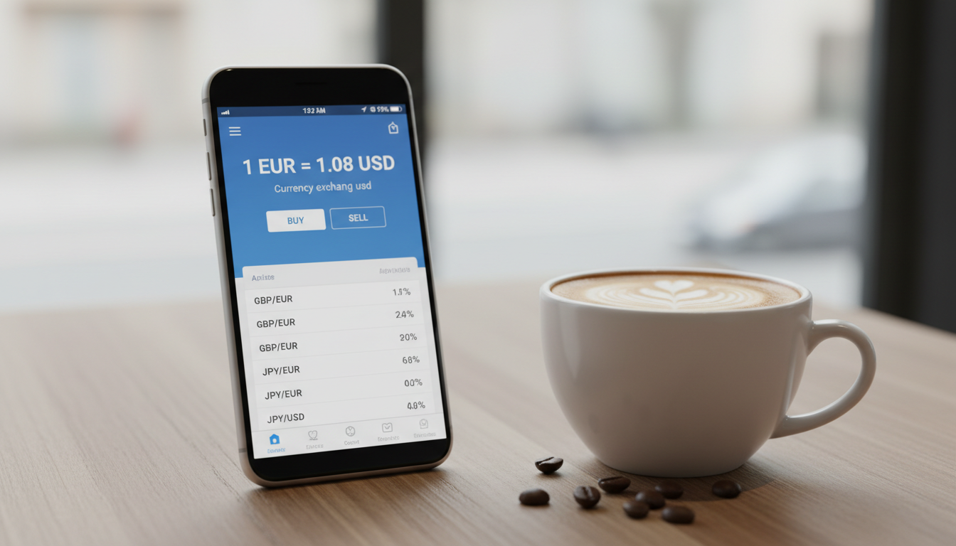 Modern apps make reading currency pairs simpler than traditional bank boards. Smartphone screen displaying a currency exchange app interface next to a cup of coffee on a table.