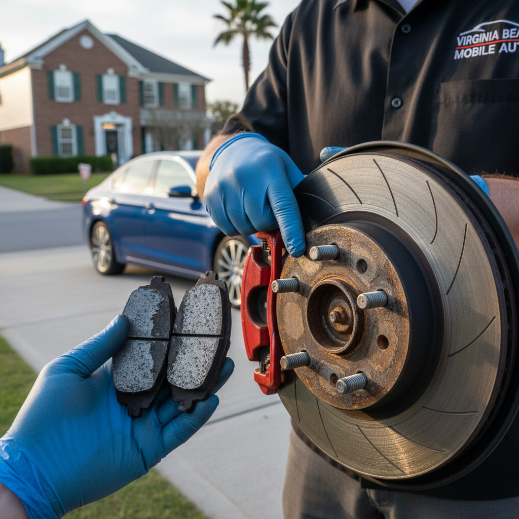 Heavy scoring on a rotor is a clear sign that brake pads were left to grind for too long. Close-up of worn brake pads and a scored rotor being inspected on site by a professional mechanic.
