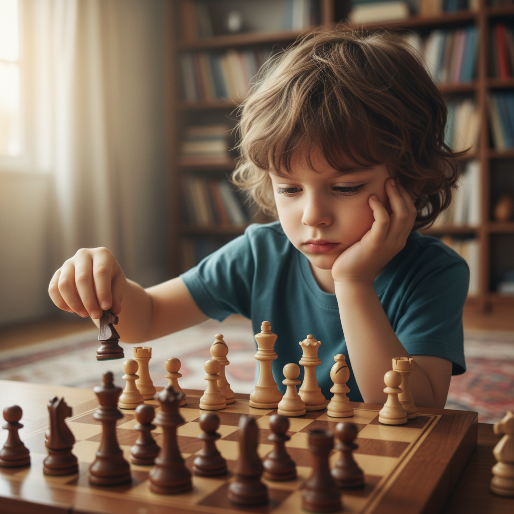Learning to spot pins requires deep concentration and patience during the game. A young child concentrating intensely on a chess board, looking for a tactical move during a game.