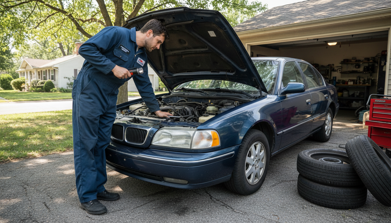 A thorough visual inspection can often reveal oily residue indicating a refrigerant leak. A mobile mechanic using a flashlight to inspect the car engine and AC components for oily residue or leaks.