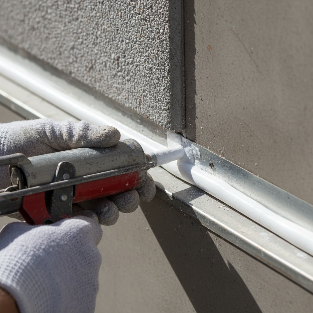 Sealing air gaps is a cost effective way to improve energy efficiency before the cold sets in. Close up of a technician applying a precise bead of caulk to a building joint for weatherproofing.