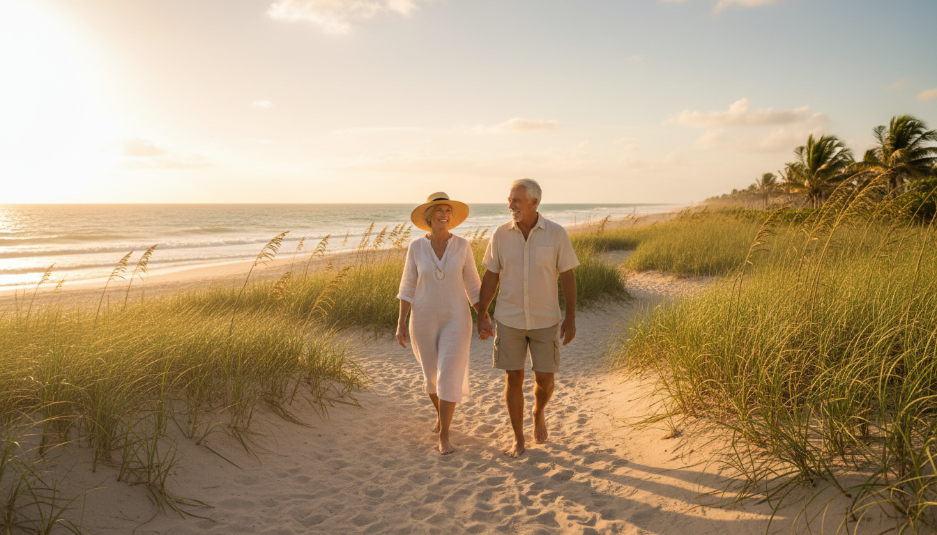 Living longer in Arizona means planning for more years of active lifestyle expenses. A happy retired couple walking on a sunny path, representing an active and long retirement lifestyle.