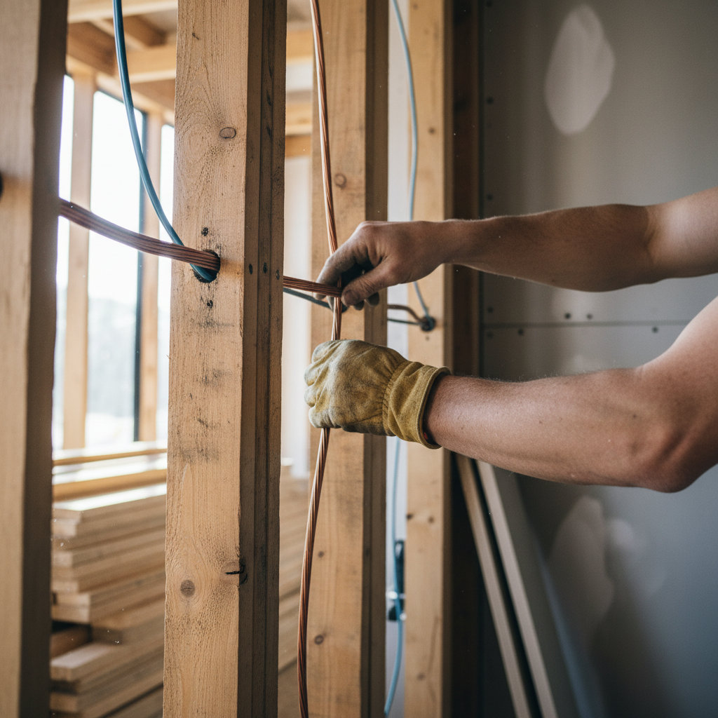 Professional wiring ensures your home EV charger meets all safety and local building codes. Close up of an electrician's hands routing new wiring through wall framing during a home installation.