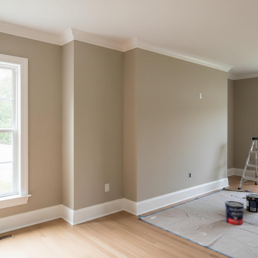 Warm neutrals create an inviting atmosphere that outperforms the cold grays of the past decade. A modern living room featuring warm neutral walls, crisp white trim, and natural light.