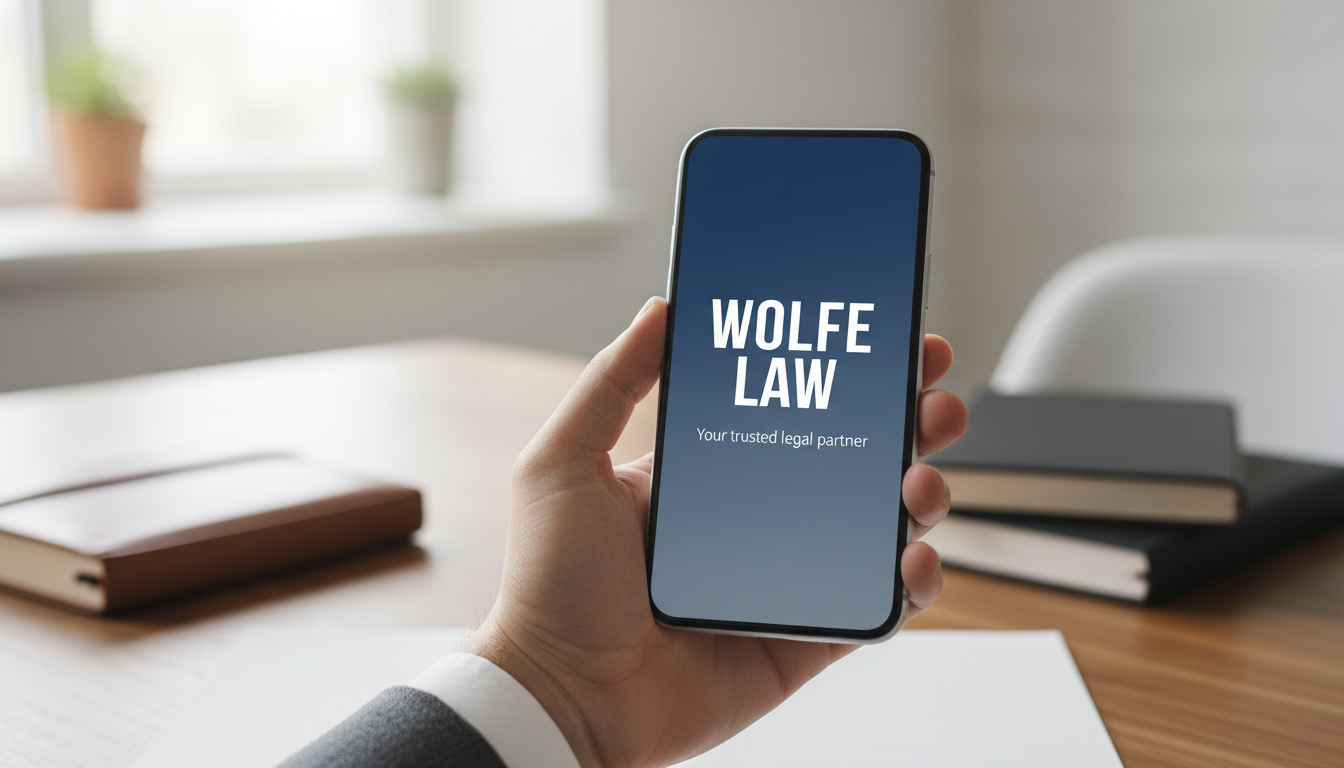 Having your attorney's direct number ensures you never have to face insurance adjusters alone. A smartphone displaying the Wolfe Law Firm contact information held in a person's hand.