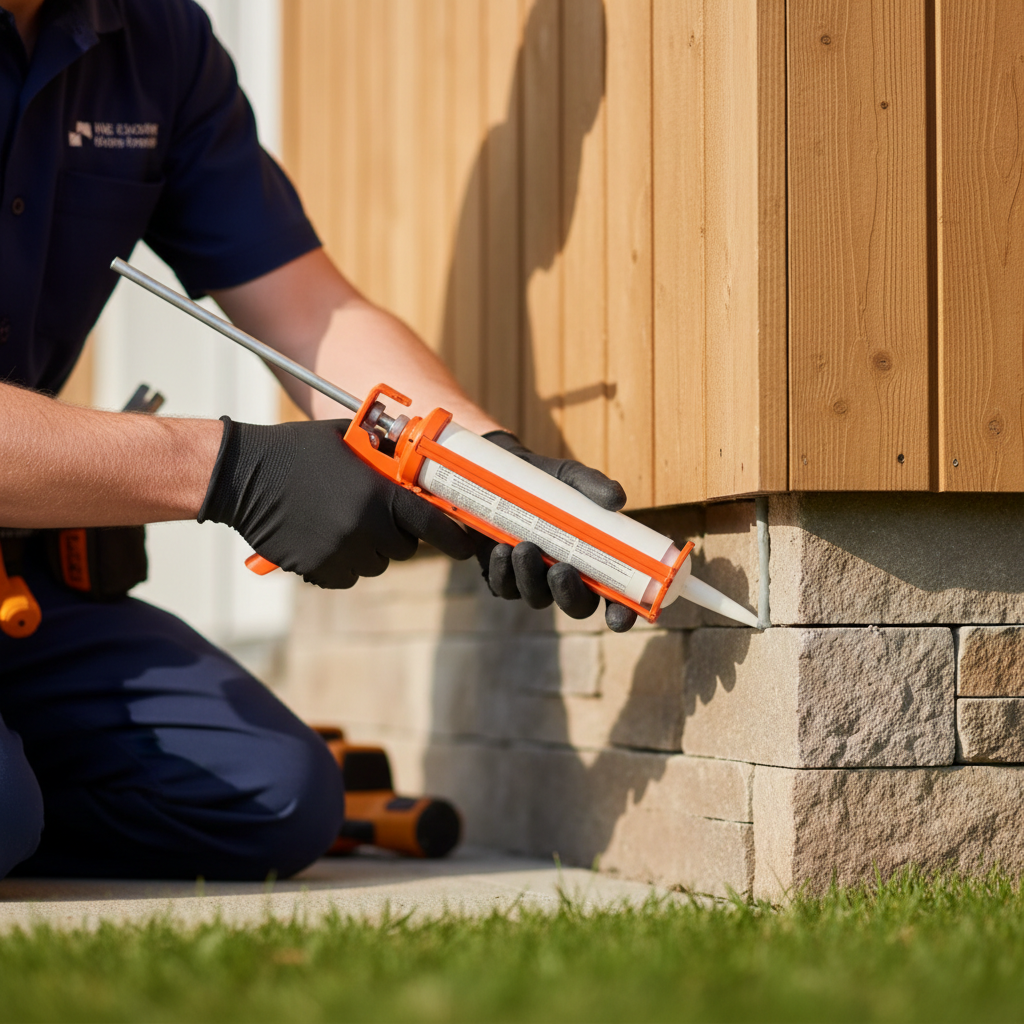 Sealing entry points is a critical preventative measure for Northern Utah homeowners. Technician hands sealing a small gap in a home foundation with caulk to prevent pest entry.