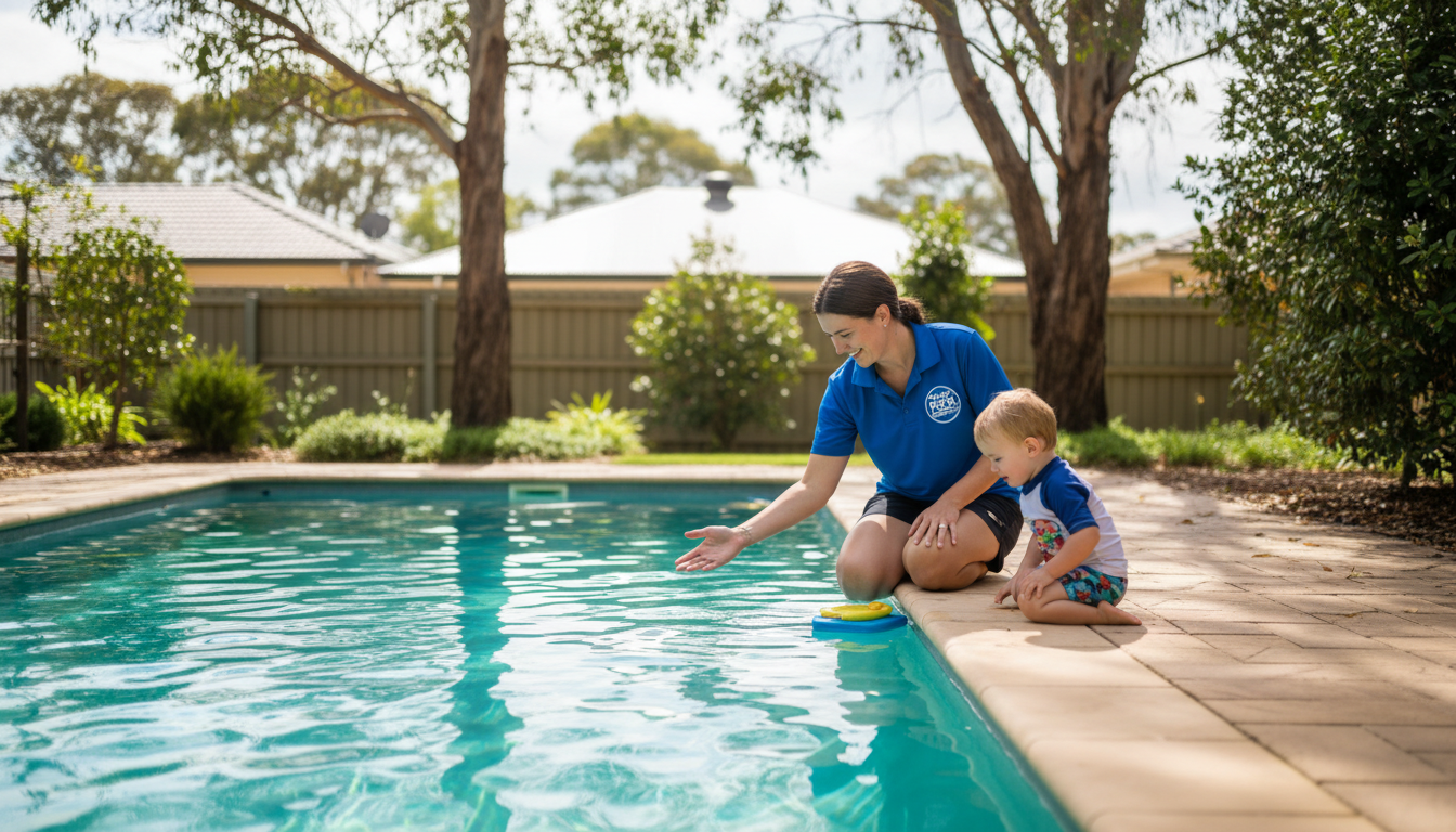 Backyard pools provide a quiet, low-stress environment for children to build water confidence. A calm and private swim lesson setting in a residential backyard pool with a supportive instructor.