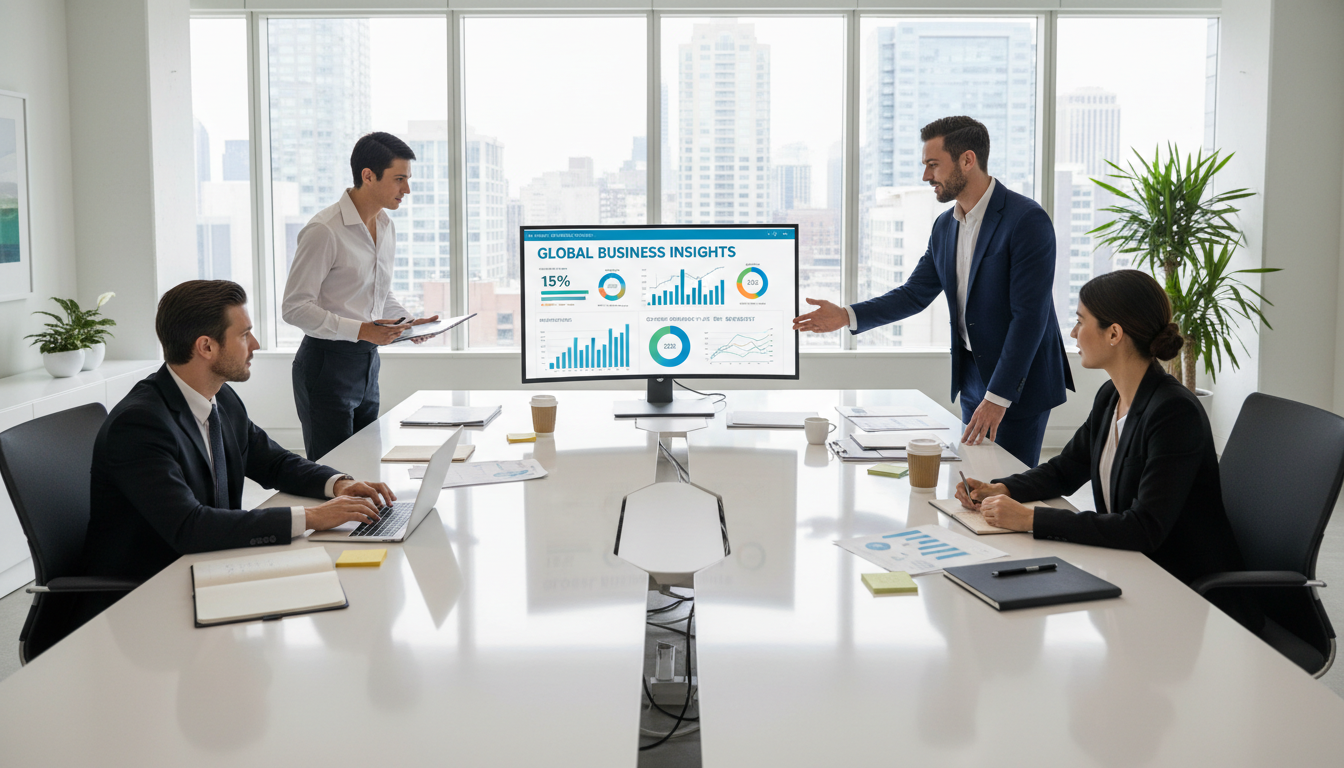 Small teams can leverage AI to compete with enterprise players by focusing on agility. A professional team collaborating at a modern office desk with a data analytics dashboard on a monitor.