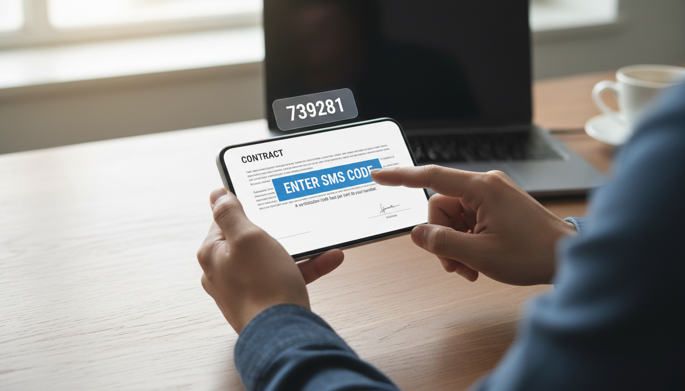 Nuestra tecnología de firma por SMS elimina la necesidad de desplazarse a oficinas físicas. Persona firmando digitalmente la transferencia del vehículo heredado a través de su smartphone