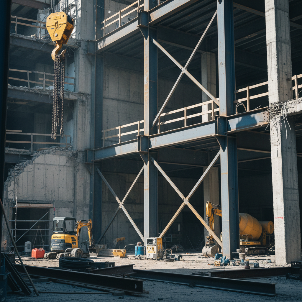 For severe foundation shifts, structural steel reinforcement provides long term stability. Structural reinforcement work showing steel beams and bracing systems used to stabilize a building foundation.