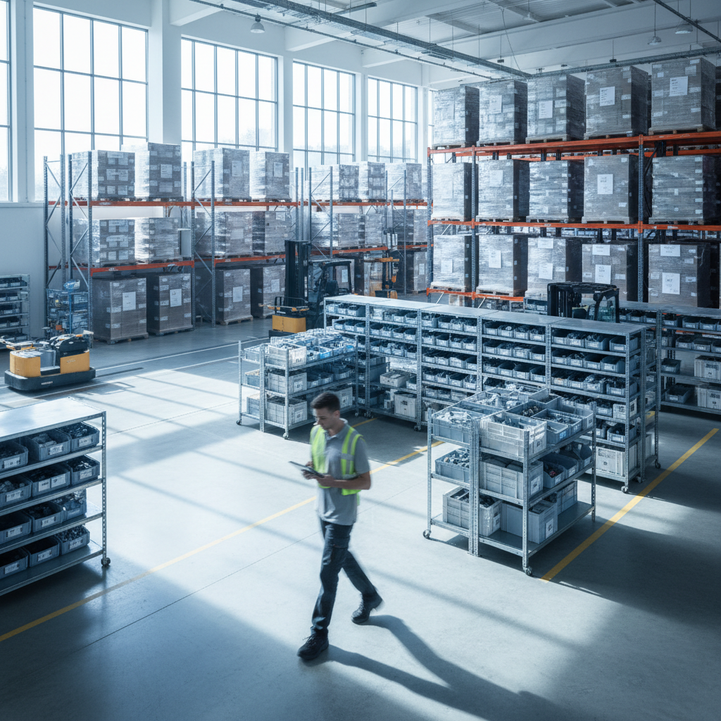 Efficiency is measured by how quickly and accurately goods move through the local supply chain. An organized distribution center floor with stacked pallets and a worker checking inventory with a tablet.
