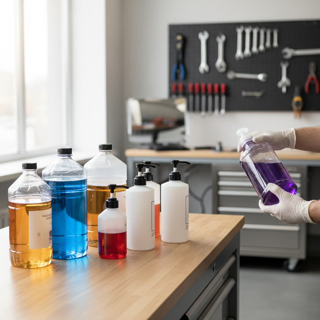 Ensuring the correct mix of antifreeze and winter-grade fluids is vital for Utah's freezing temperatures. Technician's hands organizing various automotive fluid containers on a clean workbench in a professional shop.