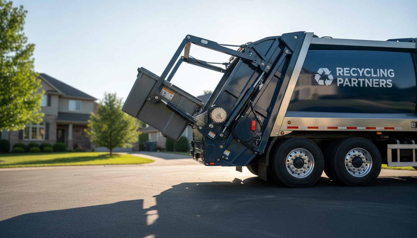 Intermountain Recycling provides streamlined logistics for bulk waste and residential cleanups. A professional waste collection truck hoisting a dumpster at a residential property.