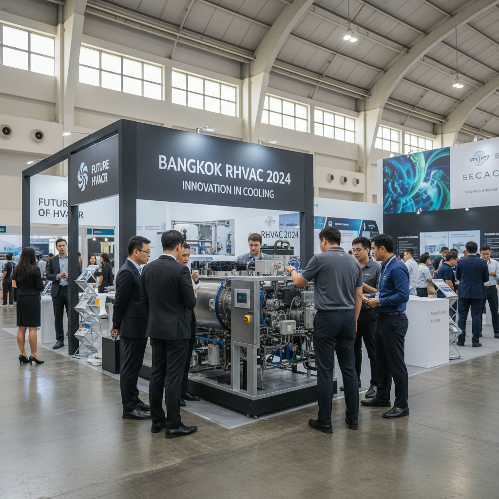 Large scale industrial heat pumps designed for factory and hospital applications on display. Industrial exhibition visitors observing a large running chiller and heat pump unit at a professional booth